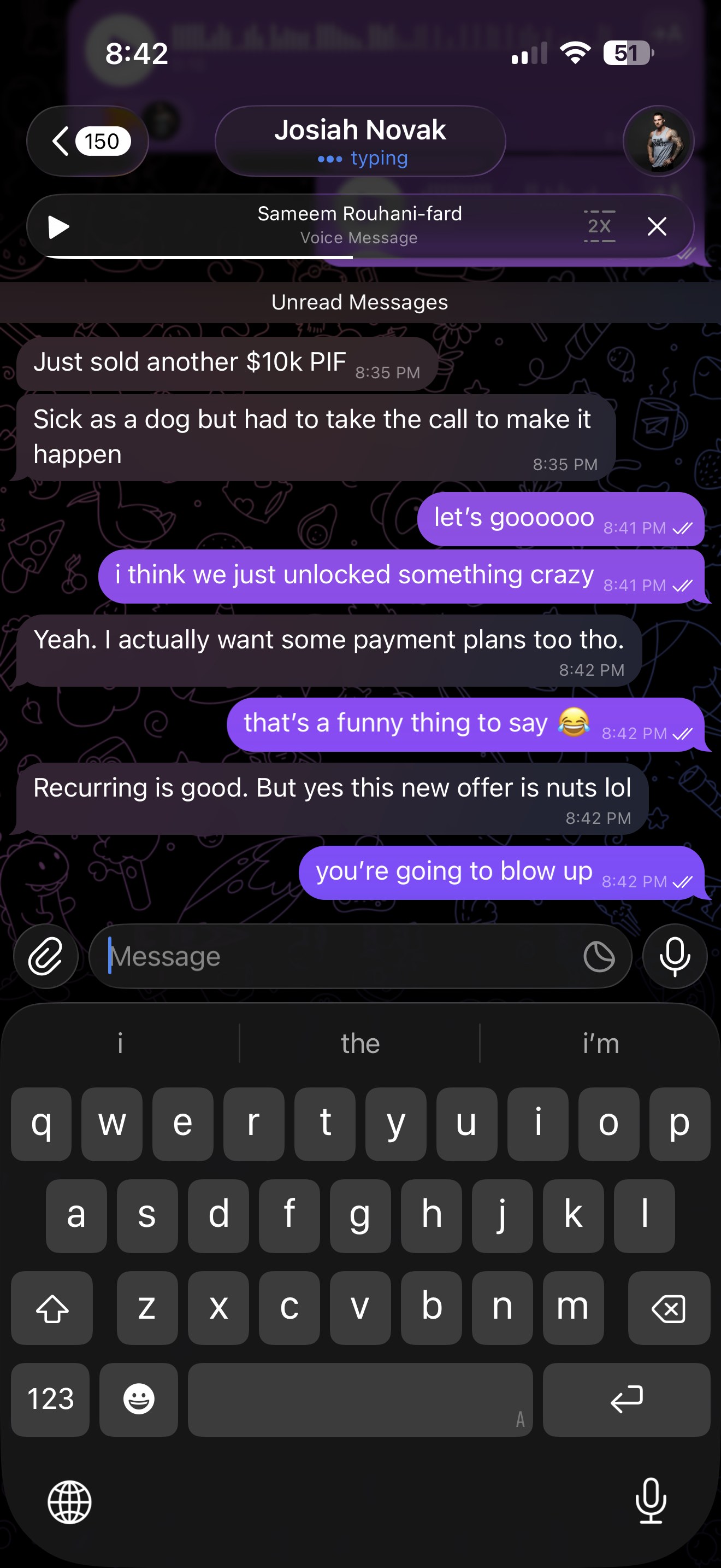Josiah Novak chat — another $10K paid-in-full sale