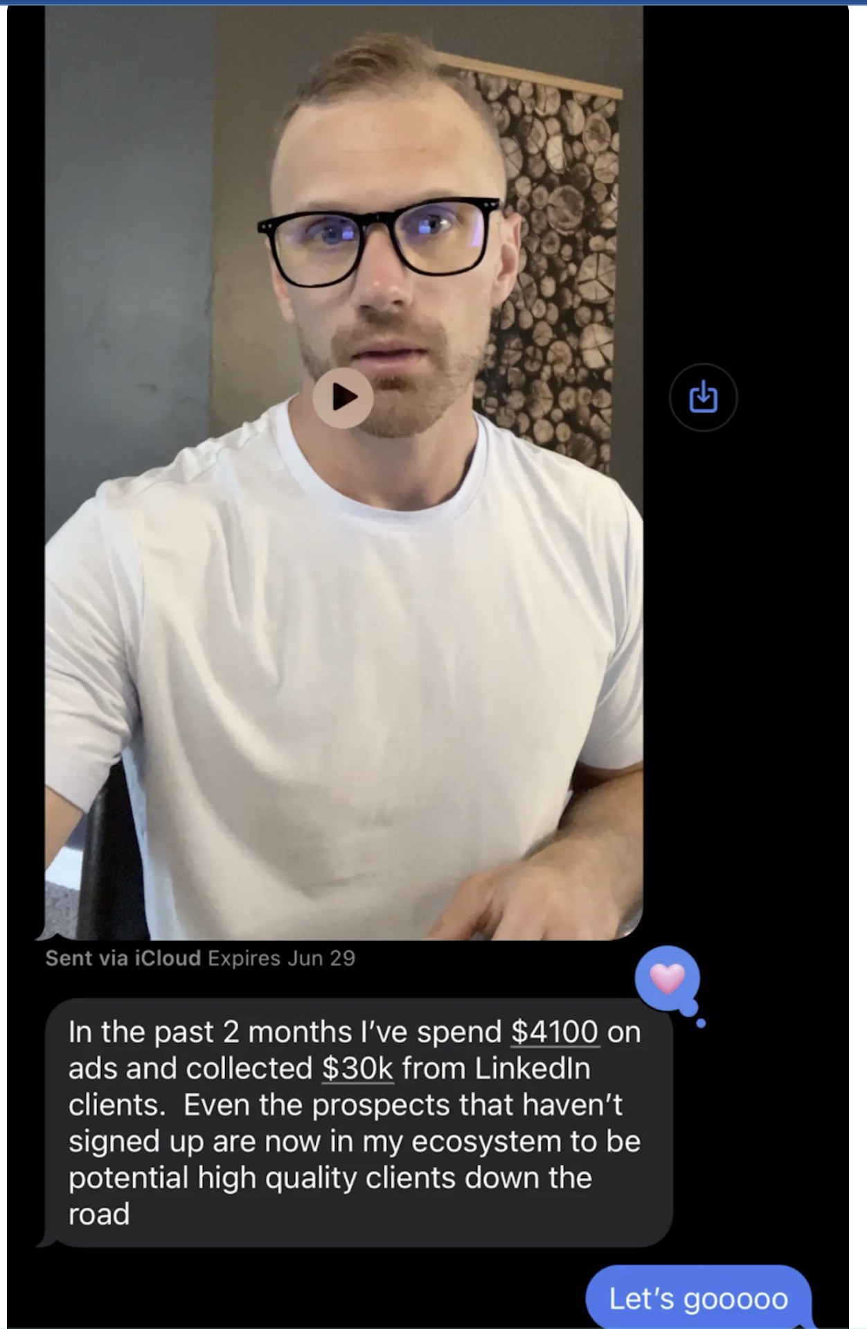 Client chat — $4,100 ad spend to $30K from LinkedIn clients